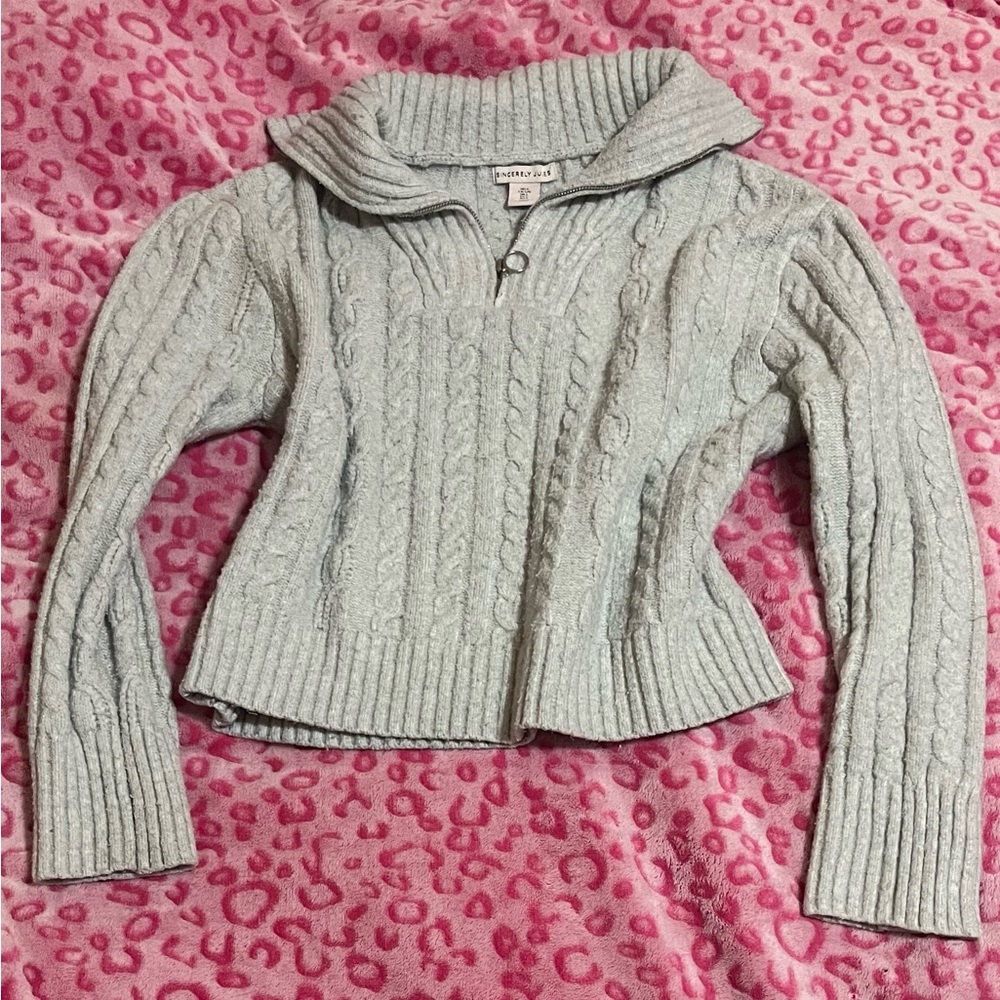 Sincerely Jules Light Gray Cable Knit Quarter Zip